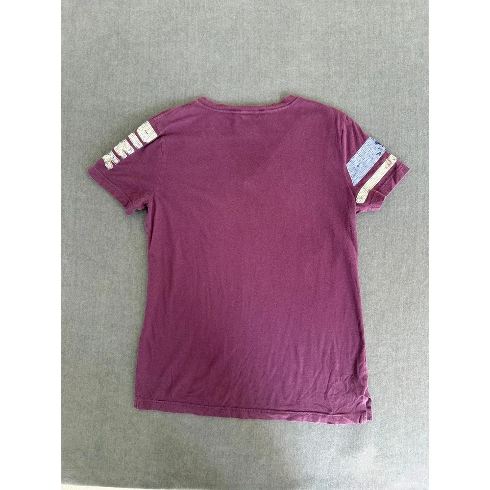 PINK Sequin Logo V Neck Tee Womens XS Burgundy Y2K Athleisure Lounge Sporty - Picture 4 of 8
